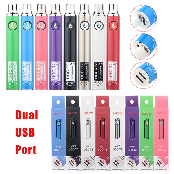 Ecpow UGO T2 Evod Préchauffer Vape Pen Bual Prise USB Port Charge 650mAh 900mAh Vaporisateur Préchauffage VV 510 Fil Batterie Rechargeable