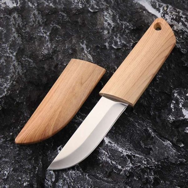EDC Couteau droit pratique, lame fixe, couteau à fruits multifonction et couteau avec fourreau en bois, couteau barbecue