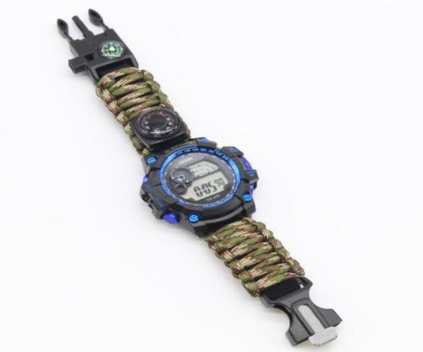 EDC Multi Tools Bracelets tactiques Camouflage Camp extérieur randonnée montre de survie bracelet boussole couteau corde de sauvetage paracord Camping2561799