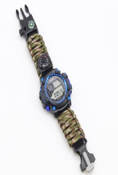 EDC Multi Herramientas Pulseras tácticas Camuflaje Campamento al aire libre caminata reloj de supervivencia pulsera brújula cuchillo Cuerda de rescate paracord Camping4955650