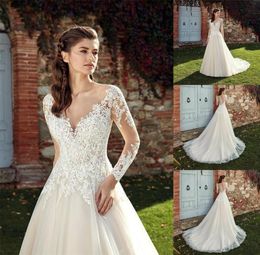 Eddy K 2019 robes de mariée bijou manches longues dentelle appliques jardin robes de mariée bouton dos balayage train pays ALine mariage D6525117