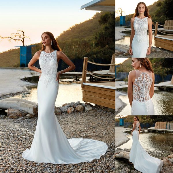 Eddy K 2019 Robes De Mariée Bijou Sans Manches En Dentelle Appliques Satin Rêves Robes De Mariée Sur Mesure Balayage Train Robe De Mariée Sirène