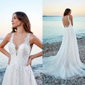 Eddy k 2020 robes de mariée décolleté en V dentelle robes de mariée avec perles abiti da sposa bouton dos Boho une ligne robe de mariée pas cher