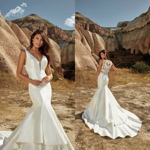 Eddy K 2021 Robes de mariée col en V bouton dos plage robes de mariée sur mesure appliques dentelle satin balayage train sirène robe de soirée