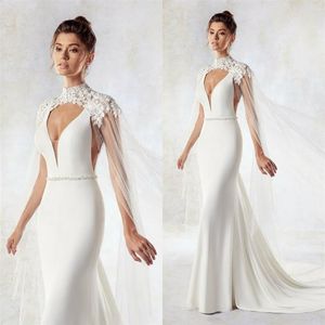 Eddy K Bridal Jackets Custom Made High Collar Lace Appliqued Wedding Cape Shawls Women Long Wraps for Formal Dresses2890