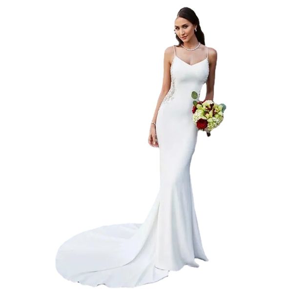 Eddy K Mermaid Satin Beach Wedding Dresse Sexy Spaghetti Strap Lace Appliqued Beads Boho Vestidos De Novia Vestidos De Novia