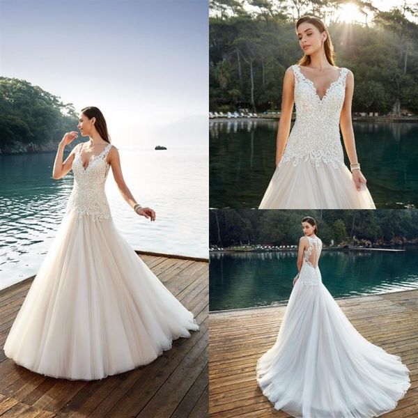 Eddy K robes de mariée sirène col en V dentelle Appliques balayage train robes de mariée grande taille plage robe de mariée robe de mariee236U