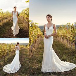 Eddy K Gaine Robes De Mariée Magnifique Dentelle Applique Balayage Train Robes De Mariée Sans Manches Sexy Sirène De Mariage Dress242p