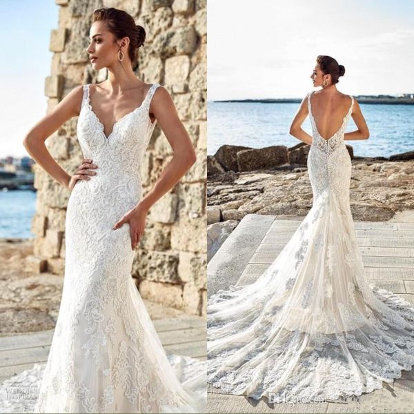 Eddy K Vestidos de novia de playa de verano 2019 Cuello en V Vestido de novia de tren de capilla de encaje completo Vestidos de novia Vestidos de novia por encargo