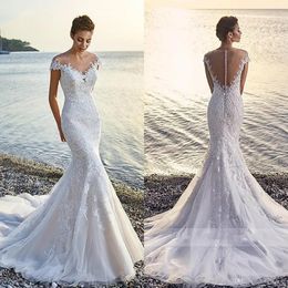 Abiti da sposa Eddy K Maniche corte Applicazioni in pizzo Abiti da sposa Sweep Train Abito da sposa a sirena Abiti da Noiva