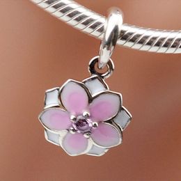 EDELL authentieke 925 sterling zilveren kraal charme roze emaille magnolia bloei met kristallen hanger kralen fit vrouwen pandora armband diy sieraden