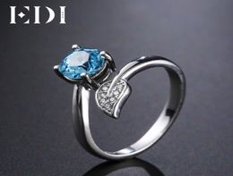 Edi Natural Blue Topaz Gemstone Pure 925 STERLING Silver Ring pour les femmes forme de feuille 6 mm Round Bijoux Y18927047881606