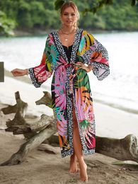 Edolynsa boho imprimé long kimono robe baignade combinaison couverture 2024 vêtements d'été tuniques femmes de bain de plage couverture de maillot de bain Q1512 240426