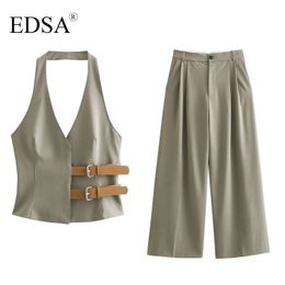 EDSA Women Elegant Gray Belted Halterneck Waistcoat Top High Taille Wide Been geplooide broek 2024 Zomer 2 PCS Set Streetwear 240429