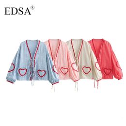 EDSA Women Elegant Plaid Shirt Vat Up Long Puff Sleeve V-Neck Love Print Vrouw Blouse Summer Lady Chic Soft Tops 240507