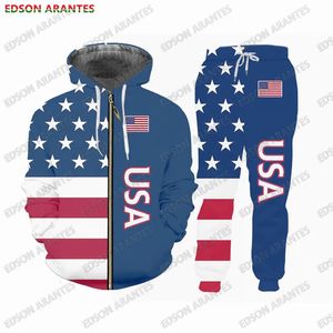 EDSON ARANTES Marca Conjuntos para hombres Bandera estadounidense con estampado de bandera con cremallera Sudadera con capucha Joggers Pantalones 2 piezas Conjunto de ropa de chándal personalizado S-7XL 240124