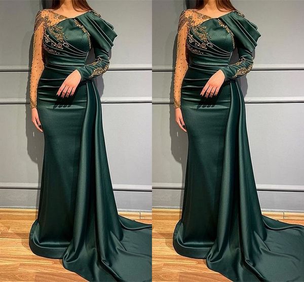 Eegant Emerald Green Sirena Vestidos de noche Tallas grandes Cuentas de cristal Mangas largas Cuello en V Ilusión Satén Vestido de fiesta formal Vestidos de noche de compromiso de desfile