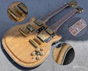 E -Elektrische gitaar Dubbele nek Natuurlijke kleur afgewerkt Ash houten body esdoorn nek 3 stcs rozewood vaterbord bloem wijnstok inleg colorf