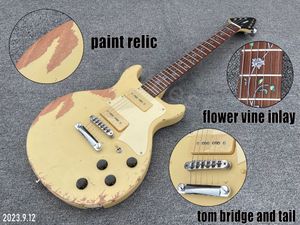 Guitare électrique couleur crème unie, peinture relique 2p90 Pickups crème Pickguard pièces vieillies, touche en bois de rose, incrustation de points