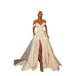 Eeqasn A-Line Prom-jurk Spring Satin van de schouder V Neck High Slit Lange avondjurk Formele elegant Vestidos de Gala