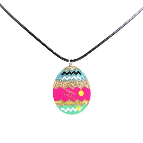 Collier pendentif oeuf de Pâques paillettes acrylique oeuf lapin pendentif colliers avec corde en cuir bijoux de fête cadeau pour paniers