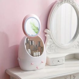 Organizer van de eiervorm, 3 laden Cosmetische opbergdoos Desktop Organizer met LED -spiegel voor badkamer, LED HD Mirror Makeup Organizer Portable Cosmetic Skincare