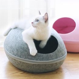 Eggshell Cat bed afneembare natuurlijke vilt katten huis slaapzak met nestkussen mat zachte ademend semi-ingesloten huisdier grot 220323