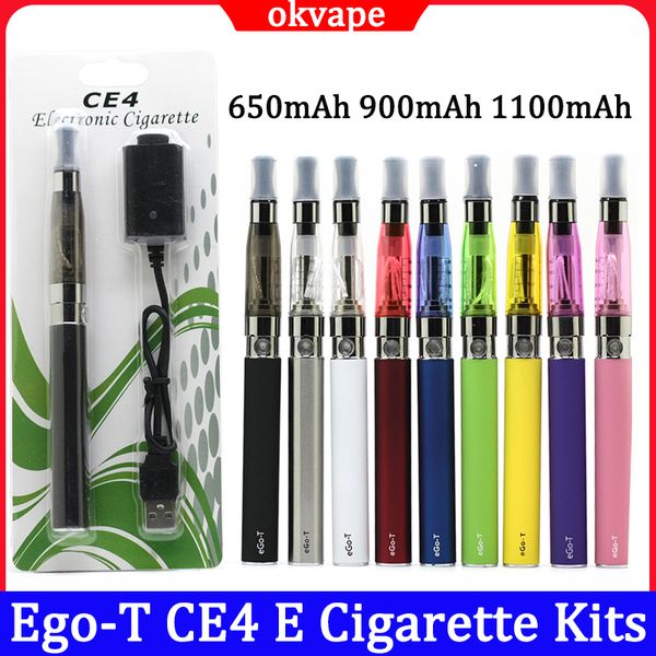 Kits de cigarettes Ego-T CE4 E 650mAh 900mAh 1100mAh Atomiseur Blister Kit de vaporisateur avec chargeur USB Ego Vape Pen