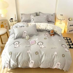 EGW Juego de cama de primavera 3pcs dibujos animados para niñas lino de la cama gris lion rosa almohada de almohada estampada para niños niños 240417