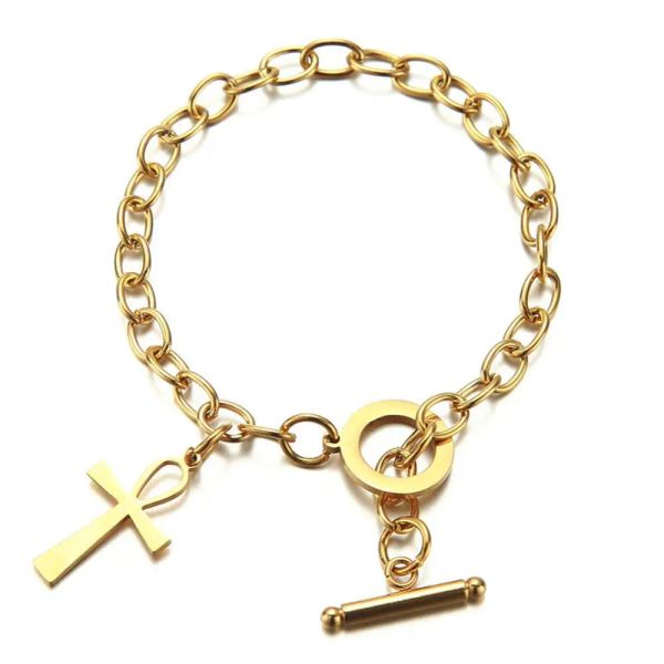 Bracelet à breloques amulette croix Ankh égyptienne pour femme, couleur dorée, chaîne en or jaune 14 carats, bijoux égyptiens, cadeau