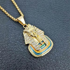 Egypte Pharaoh Sphinx Pendant avec chaîne en or 14 carats et collier bling en strass