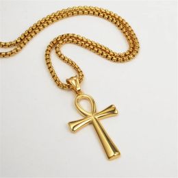 Collares de Cruz egipcia Ankh, colgantes de oro amarillo de 14k, amuleto de jeroglíficos, collares para mujeres, hombres, regalos de joyería de Egipto