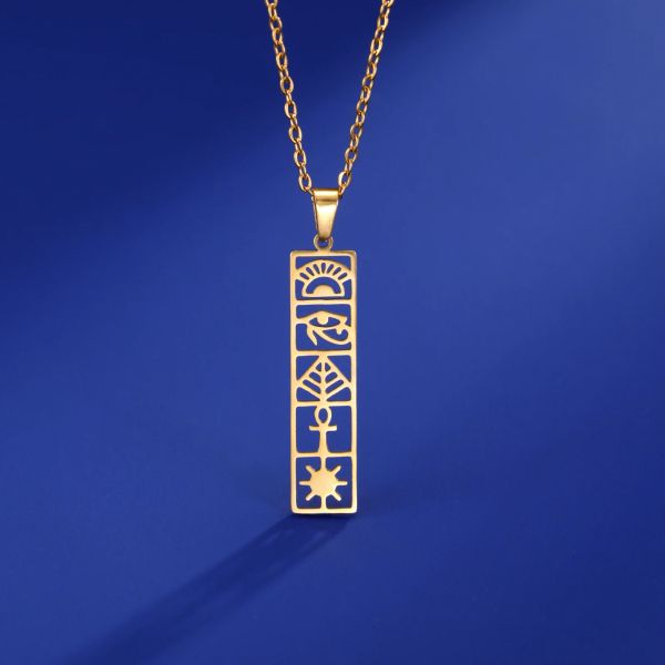 Collar egipcio de jeroglíficos Ankh de oro amarillo de 14 quilates, cadena de cuello de Ojo de Horus, joyería de cartela del antiguo Egipto para mujeres y hombres