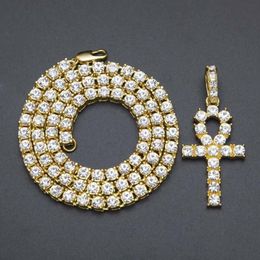 Collares con llave Ankh egipcio para hombre, cadena chapada en oro con diamantes de imitación, colgante con cruz de cristal helado para rapero Hip Ho273m