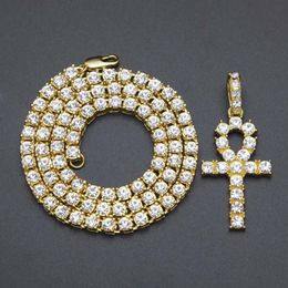 Colliers clés égyptiens Ankh pour hommes, chaîne plaquée or, strass, croix en cristal, pendentif glacé pour rappeur féminin, Ho231v
