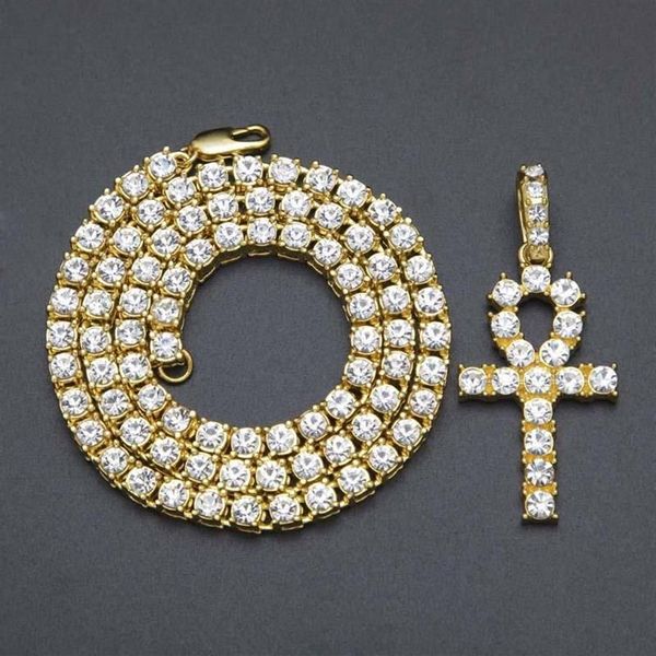 Colliers clés égyptiens Ankh pour hommes, chaîne plaquée or, strass, croix en cristal, pendentif glacé pour rappeur féminin Ho201x