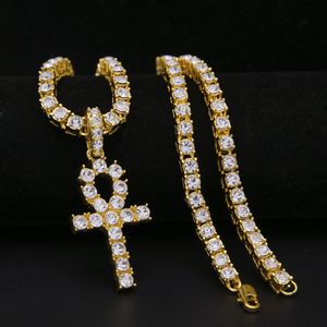 Égyptien Ankh Clé Colliers Strass Cristal Croix Glacé Pendentif Bling Chaînes Hommes Hip Hop Bijoux