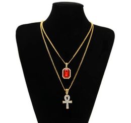 Egyptische Ankh Sleutel van Leven Bling Rhinestone Cross Hanger met Rode Ruby Hanger Ketting Set Mannen Hip Hop Sieraden GB1266