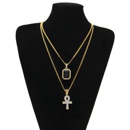 Ankh égyptien clé de vie Bling strass croix pendentif avec pendentif rubis rouge collier ensemble hommes mode Hip Hop bijoux