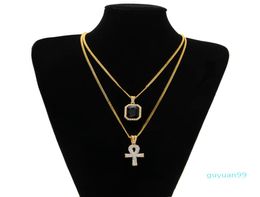 Egyptische Ankh Key of Life Bling Rhinestone Cross Pendant met rode Ruby Pendant Necklace Set Men Hip Hop Jewelry8479665