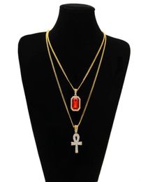 Egyptische Ankh Key of Life Bling Binestone Pendant met rode robijnige hangere ketting set Men Fashion Hip Hop Jewelry5655718
