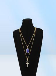 Egyptische Ankh Key of Life Bling Rhinestone Pendant met rode Ruby Pendant Necklace Set Men Hip Hop Jewelry 2511826