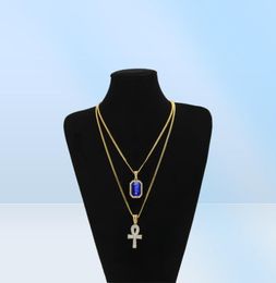 Egyptische Ankh Key of Life Bling Rhinestone Pendant met rode robijnige hanger ketting set mannen hiphop sieraden 5607367