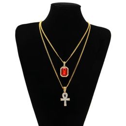 Egyptische Ankh Key of Life Bling Rhinestone Cross Pendant met rode Ruby Pendant Necklace Set Men Hip Hop Jewelry290Z