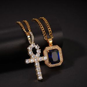 Egyptische Ankh Key of Life Bling Rhinestone Cross Pendant met rode Ruby Pendant Necklace Set Men Hip Hop Jewelry234Q