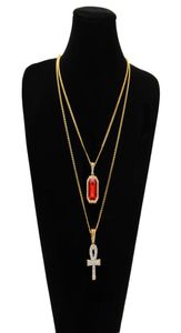 Egyptische Ankh Sleutel van Leven Bling Strass Hanger Met Rode Ruby Hanger Ketting Set Mannen Mode Hip Hop Sieraden4819536