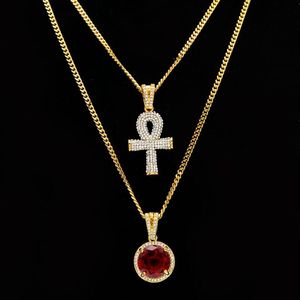 Pendentif croix en strass égyptien Ankh, clé de vie, avec pendentifs ronds en rubis rouge, ensemble de colliers pour hommes, bijoux Hip Hop 276f