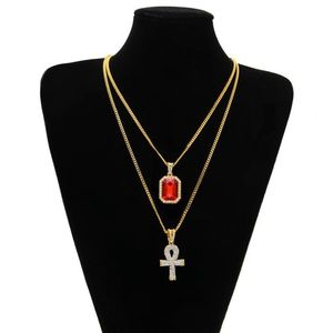 Ankh egipcio, llave de la vida, colgante de Cruz de diamantes de imitación ostentosos con colgante de rubí rojo, conjunto de collar para hombres, joyería de Hip Hop 273J