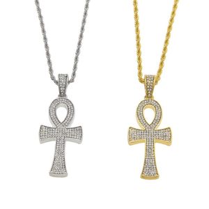 Ankh égyptien clé de vie or argent croix pendentif collier chaîne Bling plein strass cristal croix pendentif Punk bijoux 230n