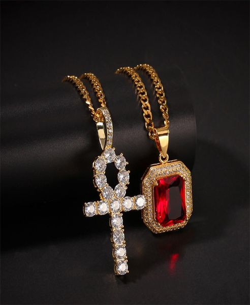 Collier égyptien AnkhPendentif gemme rouge strass glacé couleur or charme hommes/femmes clé de vie egypte bijoux cadeau Drop Shipping8719490